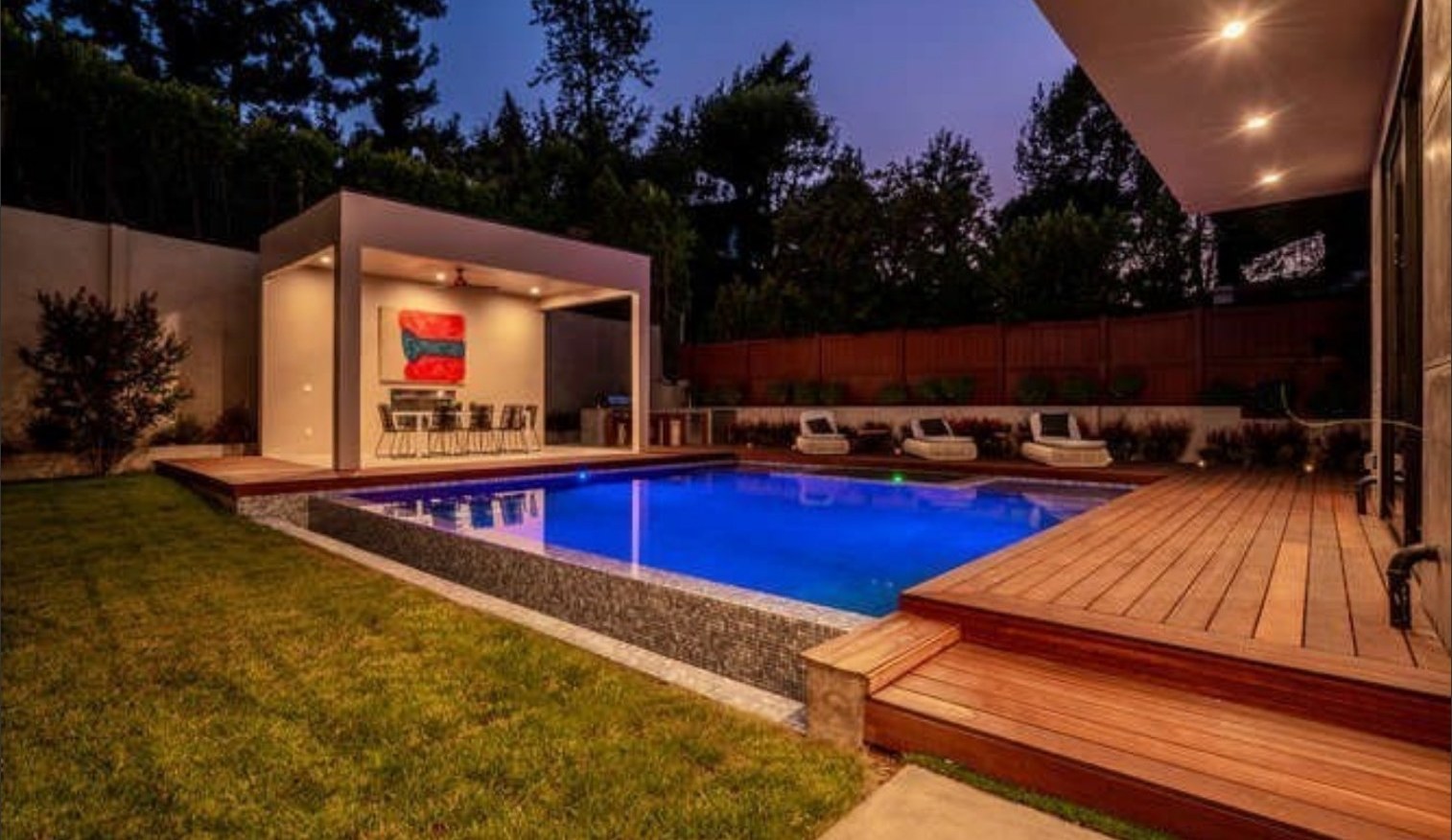 Pool terrace and loggia at twilight