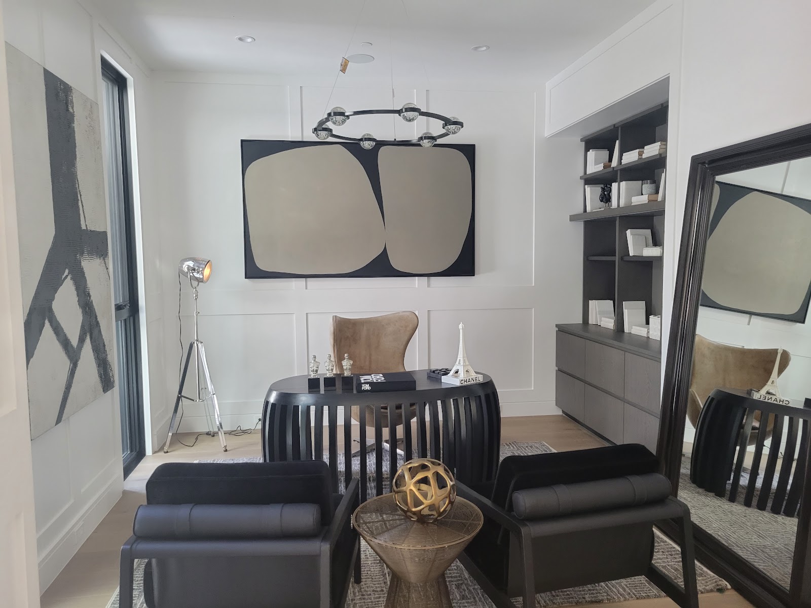 Dining vignette with sculptural chandelier — Boca de Canon custom home build in Brentwood, Los Angeles