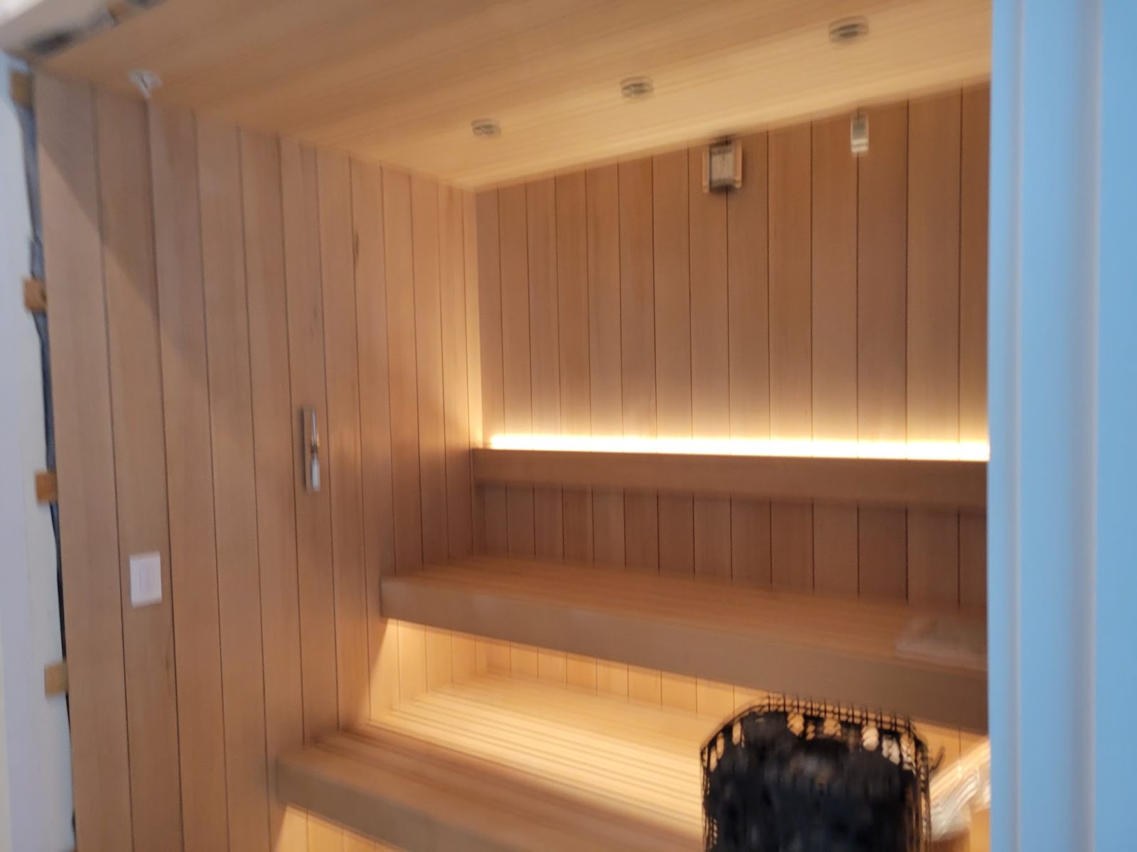 Cedar sauna built into the primary suite — Boca de Canon custom home build in Brentwood, Los Angeles